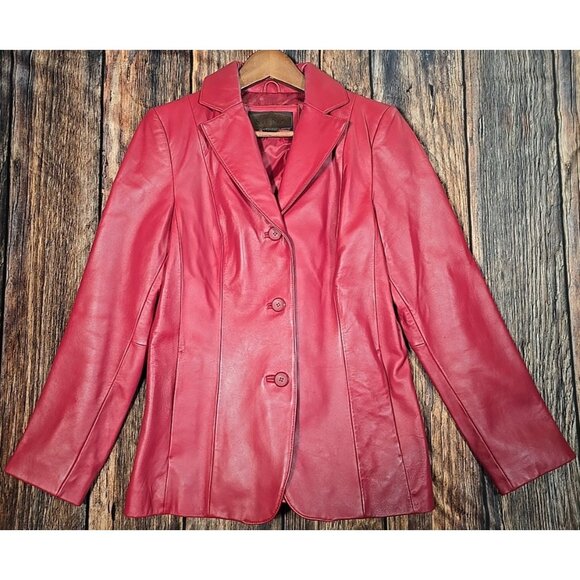 Siena Vtg Red Leather Blazer Button Front Collared Lined Jacket Retro Women's 4 - Picture 1 of 14